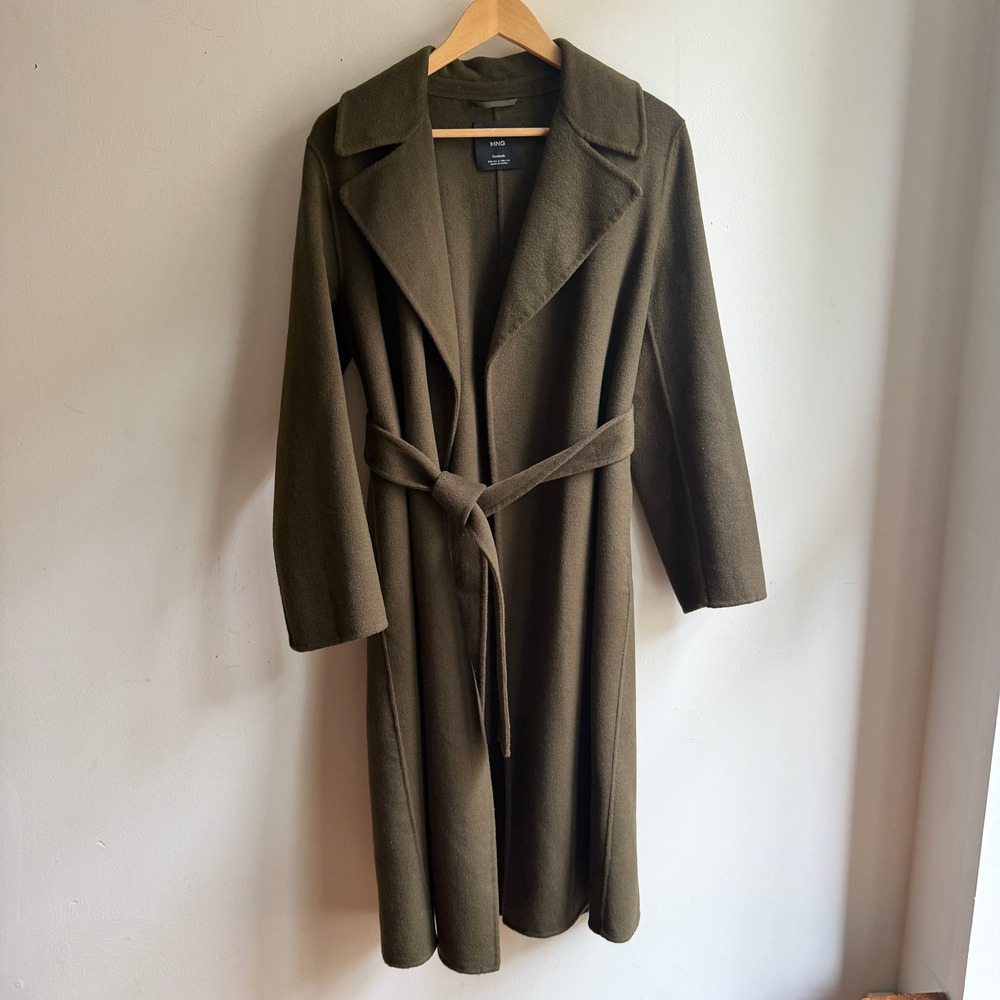 Mango MNG Belted Wool Blend Wrap Coat Olive Green Medium Good
